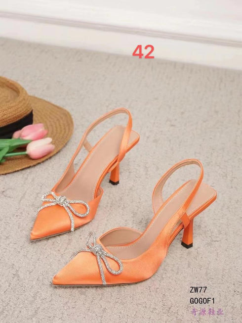 New Women Pointed Toe Butterfly Knot Crystal Pumps Flock Thin Heel